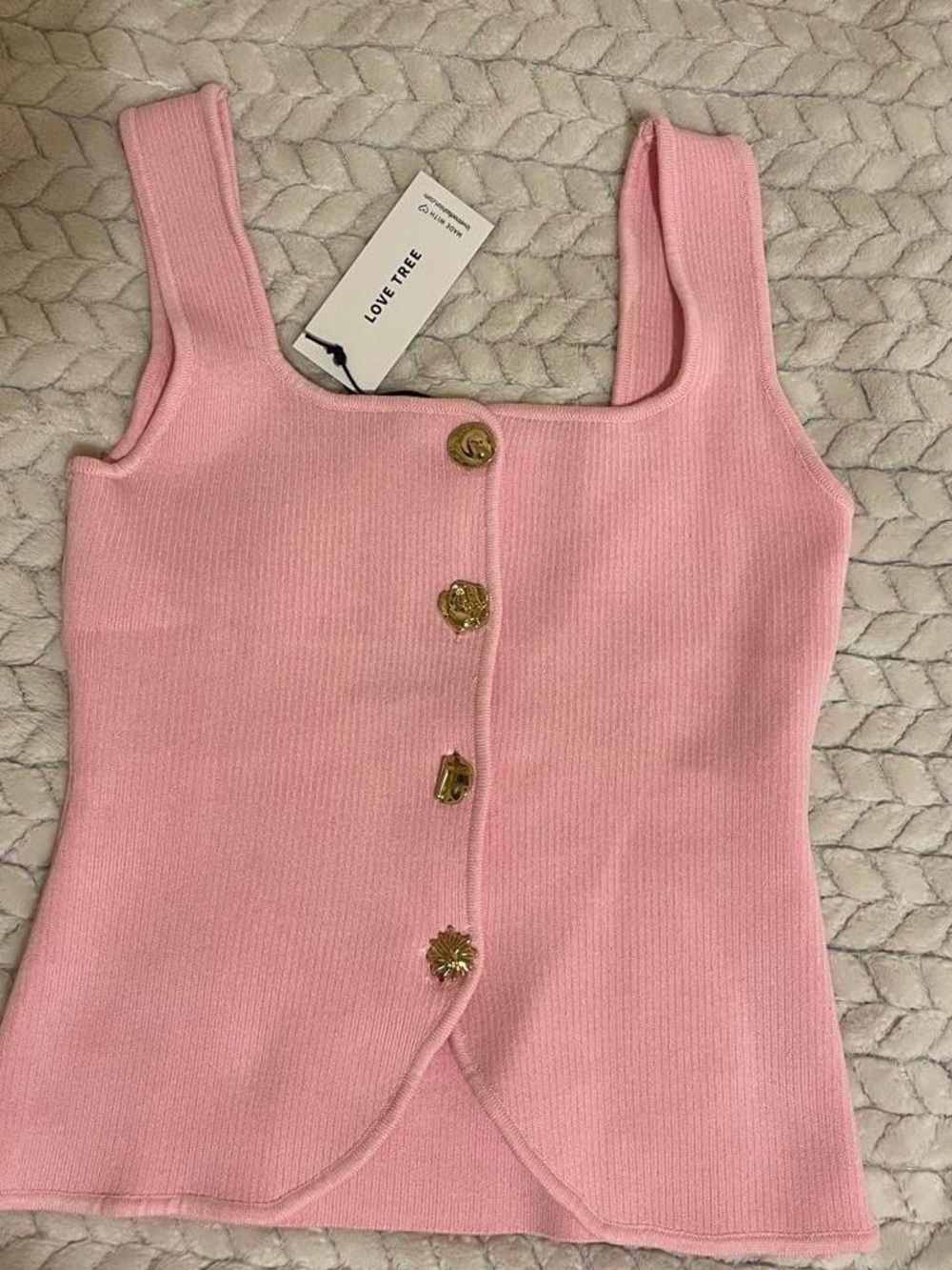 Love Tree Pink Ribbed Square Neck Tank with Gold Button Details
